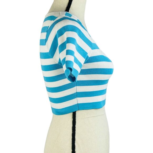 Zara Medium Cropped Top Striped Square Neck Knit Stretch Short Sleeve Teal Blue - Picture 2 of 6